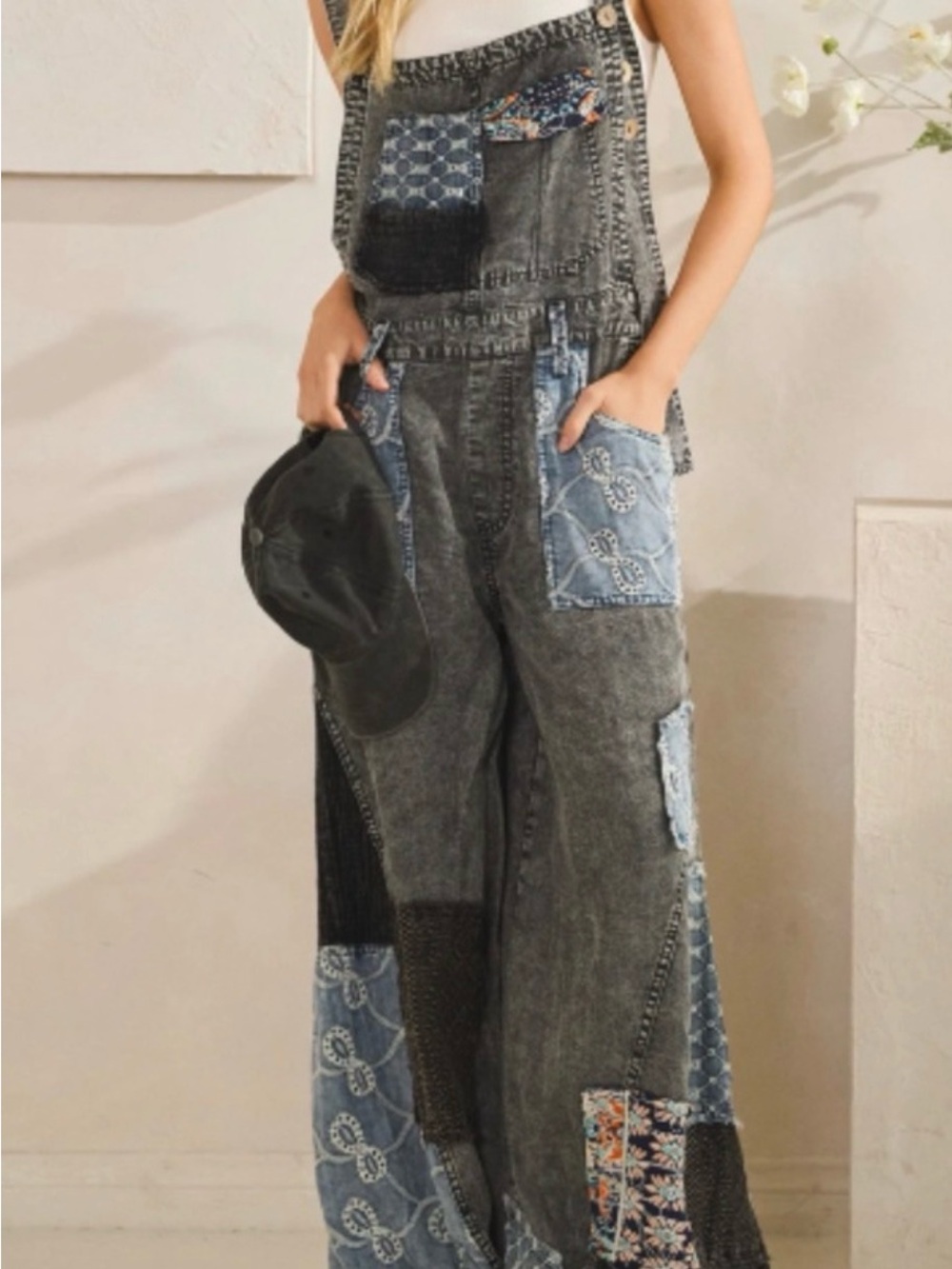 Oli & Hali patchwork tencel overalls feature a washed black mineral finish —NWOT